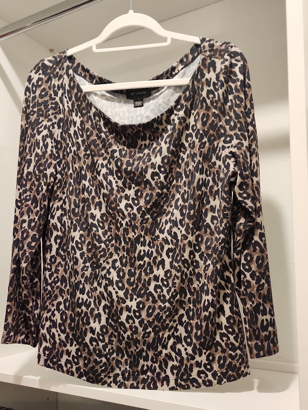 St. John Leopard-Print Long Sleeve Top — Brown, Black & Cream